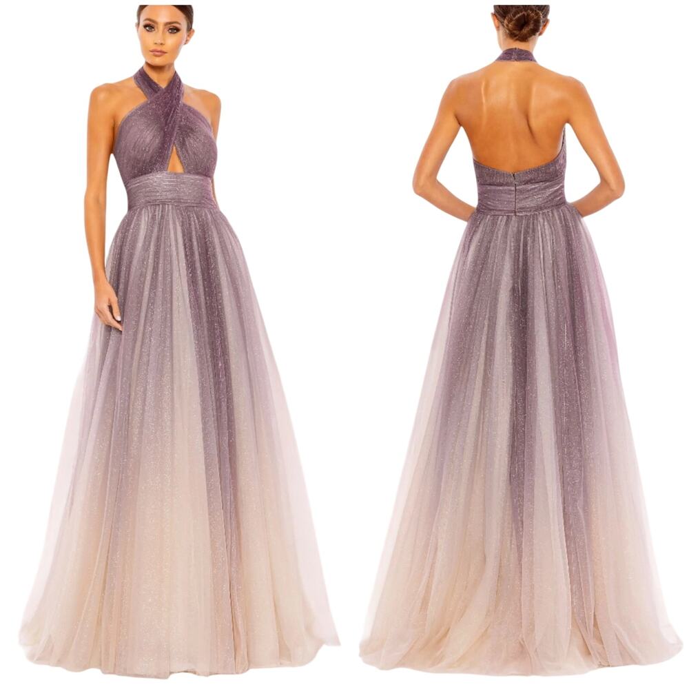 Mac Duggal NWT Glitter Ombre Halter Neck Ballgown Charcoal Pink Size 18